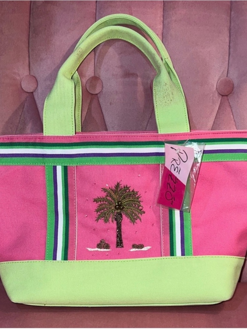 Canvas tote in pink & green with stunning beaded palm tree & coconut details